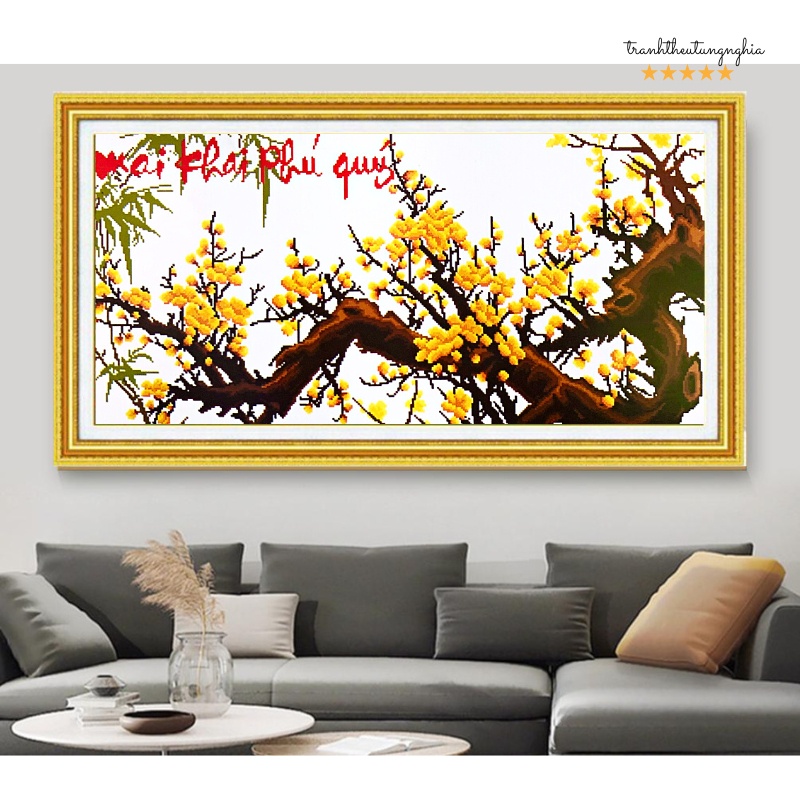 Tranh thêu chữ thập mai khai phú quý 89cm x 48cm