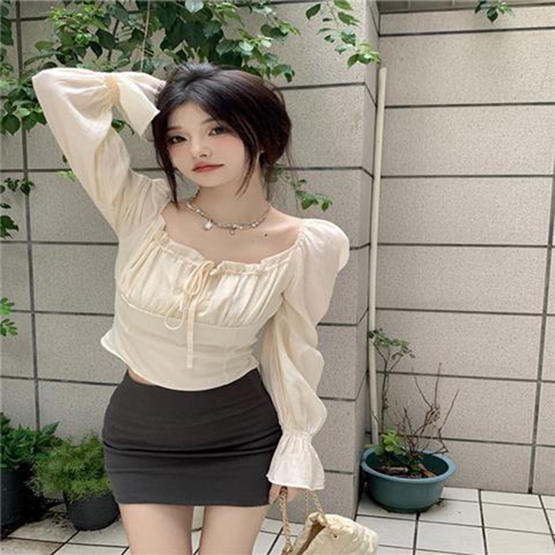 IELGY IELGY Áo Kiểu Cổ Vuông Tay Lá Sen Ngọt Ngào Cho Nữ