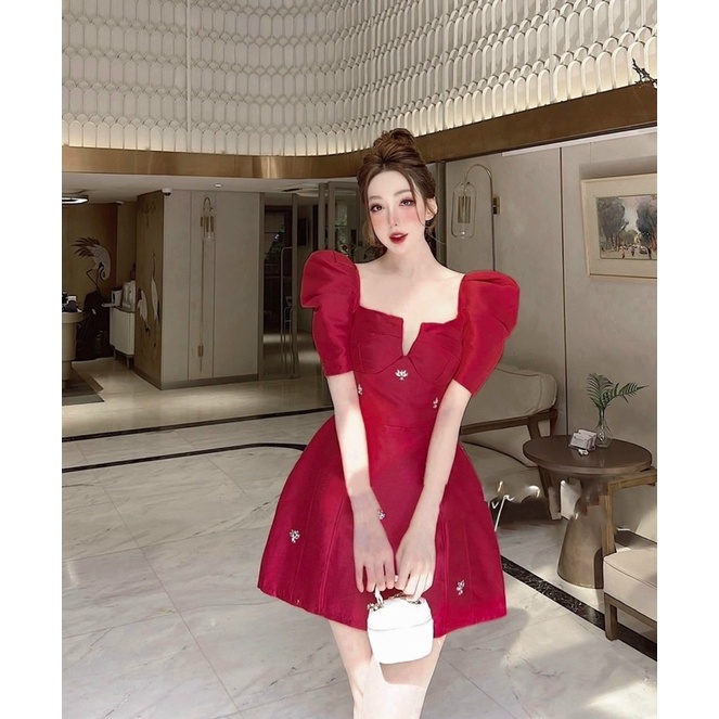 Đầm váy tafta nhũ đính nơ xoè tay phồng/bồng cúp ngực thời trang hot girl thiết kế tiểu thư sang trọng công chúa dự tiệc