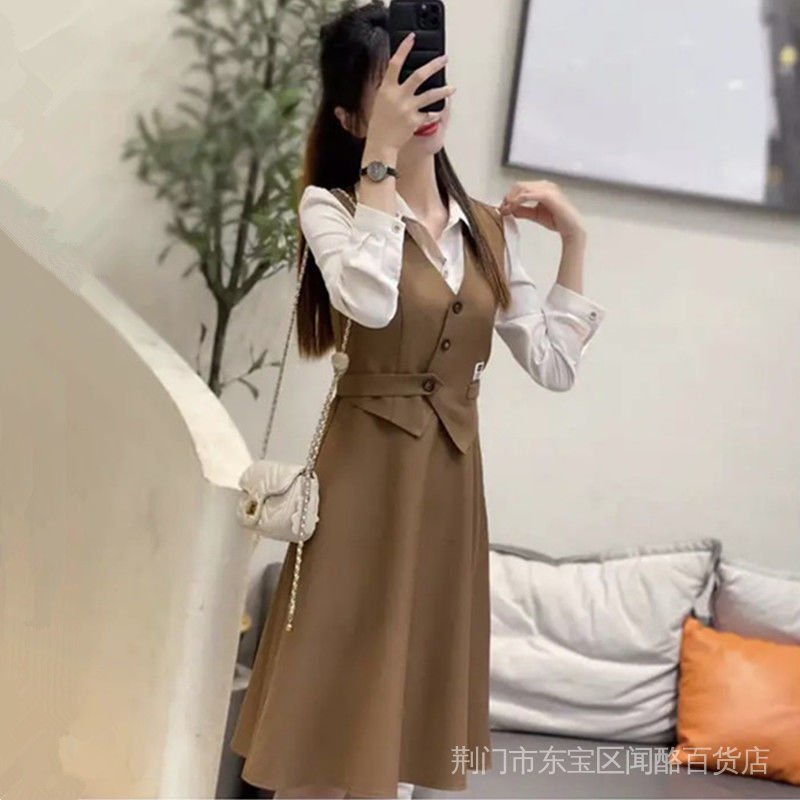 Hàng Có Sẵn Đầm Tay Dài Ôm Eo Giả Hai Mảnh Ghép Phong Cách Pháp Thời Trang Mùa Thu 2023 Mới Dành Cho Bạn Nữ Gffw