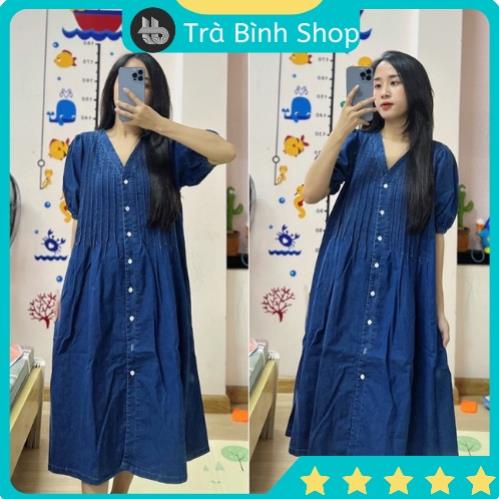 Váy jeans cố V xếp li dọc dáng xòe tay bồng, đầm form rộng dáng dài, VÁY BÒ CỔ CHỮ V XẾP LY NGANG VBXL219