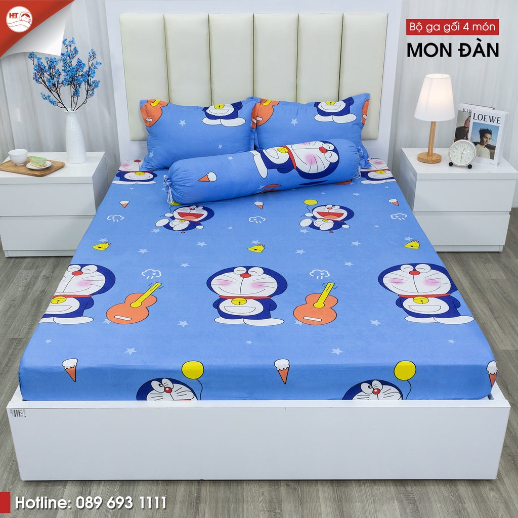 Bộ 4 món Ga Gối vỏ ôm Drap Trải Giường Poly Cotton bo chun miễn phí, Ga trải giường