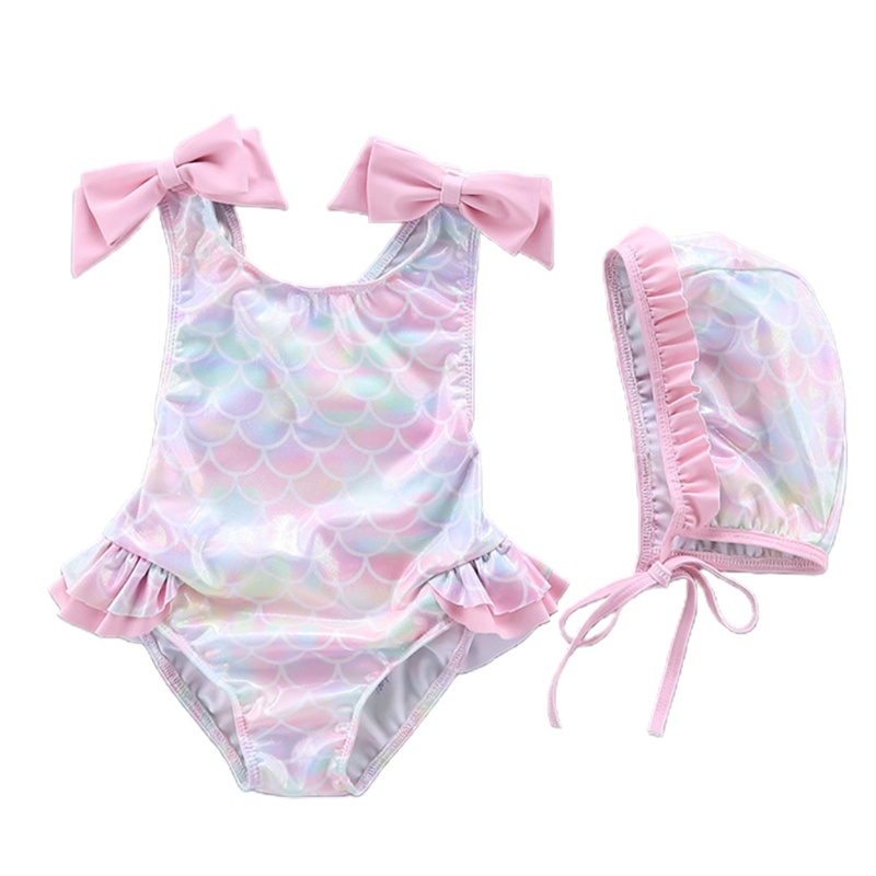 Set Đồ Bơi Liền Thân + Mũ Bơi Họa Tiết Vảy Cá Màu Cầu Vồng Xinh Xắn Cho Bé Gái