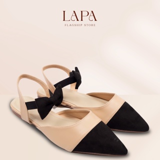 Giày búp bê nữ đế bệt mũi nhọn màu kem chất da quai chun sau có đính nơ phong cách tiểu thư LAPA - LP002