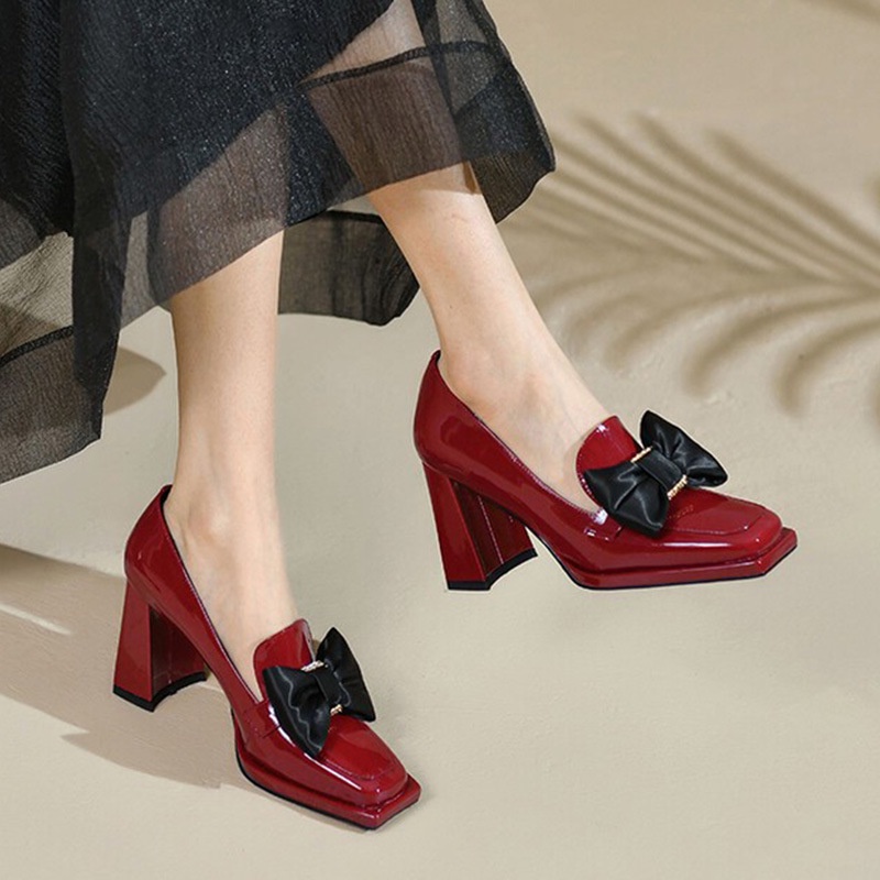 Giày Cao Gót Da Mũi Vuông Đế Dày Đính Đá Chống Thấm Nước Phong Cách Hàn Quốc Dành Cho Nữ