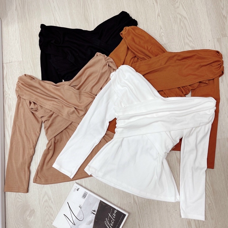 Áo trễ vai đắp chéo tay dài thời trang thu đông cao cấp