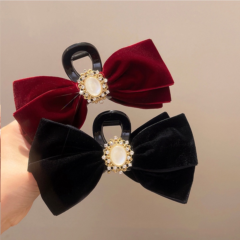 Kẹp tóc nơ HAIMEIKANG vải nhung đính ngọc trai giả phong cách Hàn Quốc mới cho nữ