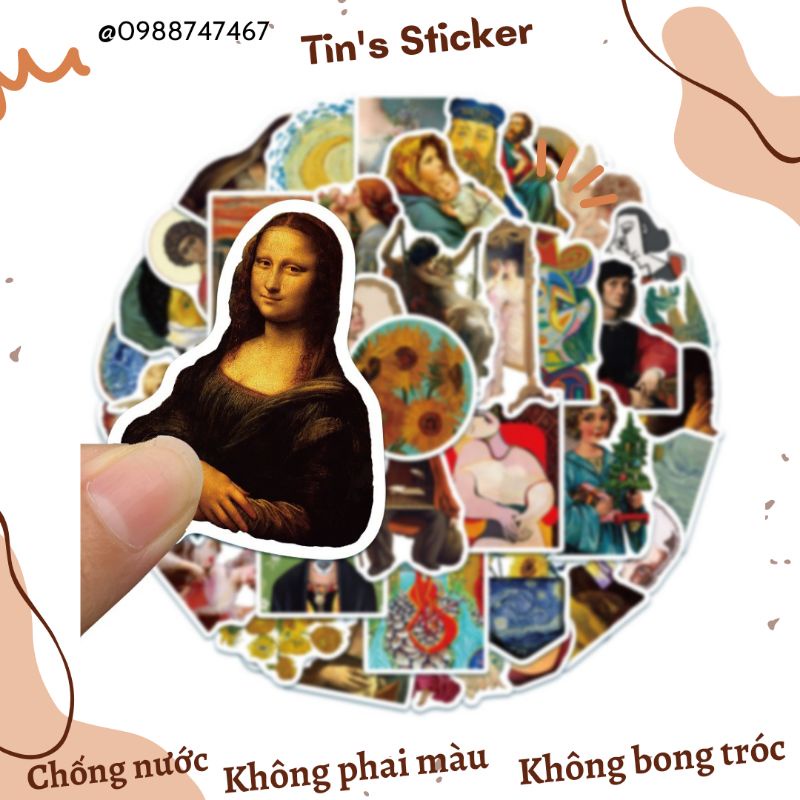 Set combo 50 miếng dán sticker vintage cổ điển retro tác phẩm hội họa nổi tiếng chống thấm nước dán nón mũ bảo hiểm