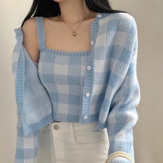 Set áo len croptop sọc caro nữ hàng Quảng Châu