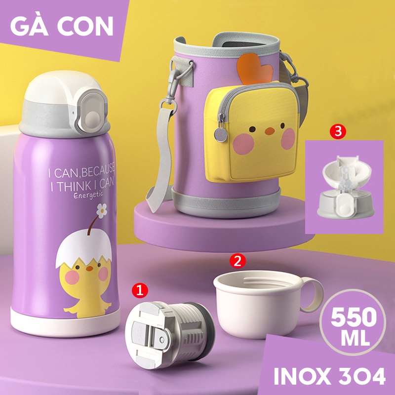 Bình giữ nhiệt cho bé đi học Cao cấp 550ml ROYAL LOCKE 304. Có Ống Hút Nước tặng kèm ca, nắp giữ nhiệt và túi đeo