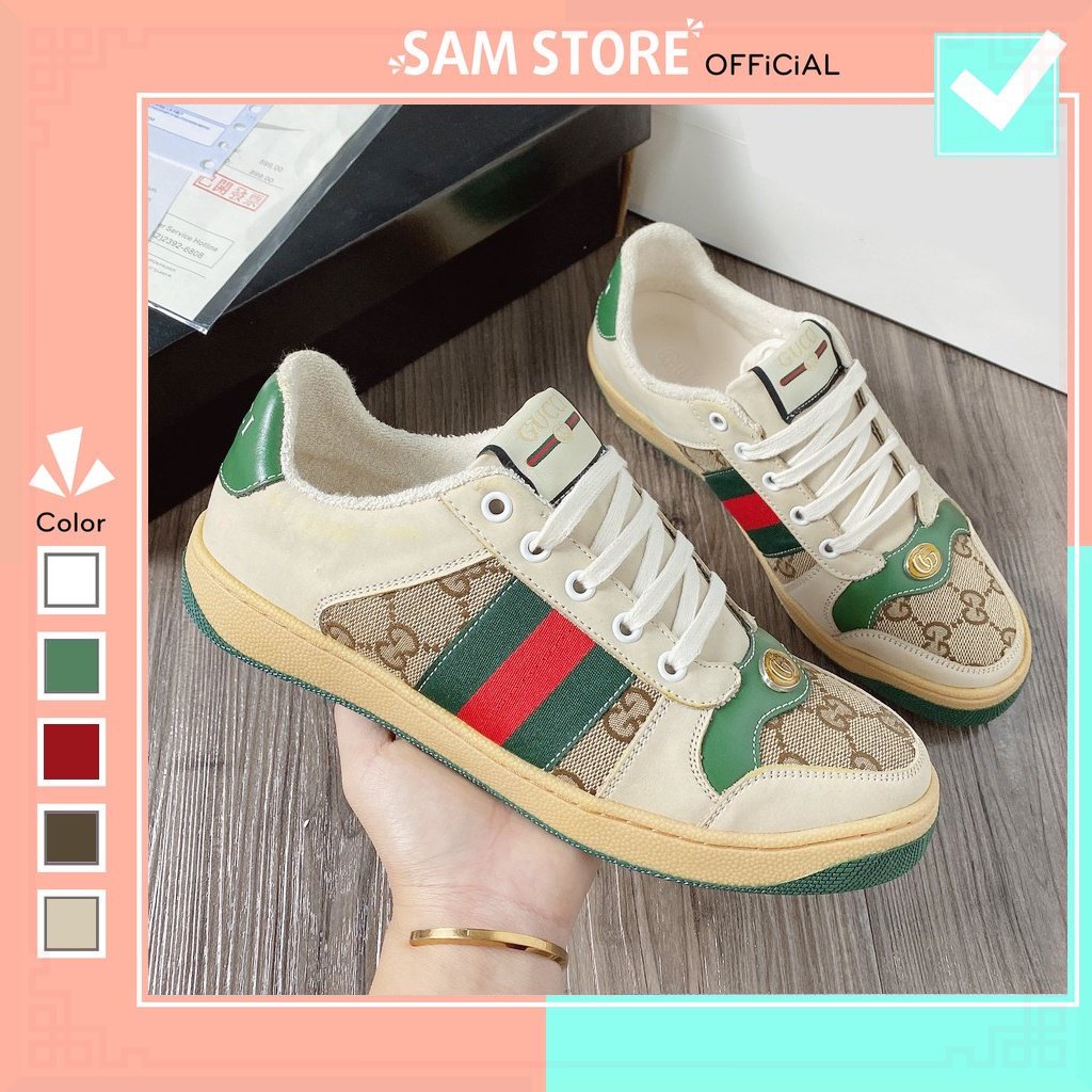Giày Gucci Sơn Tùng Nam Nữ, Giày GC 2 Màu Xanh - Hồng Full Box F215 Elise Sneaker