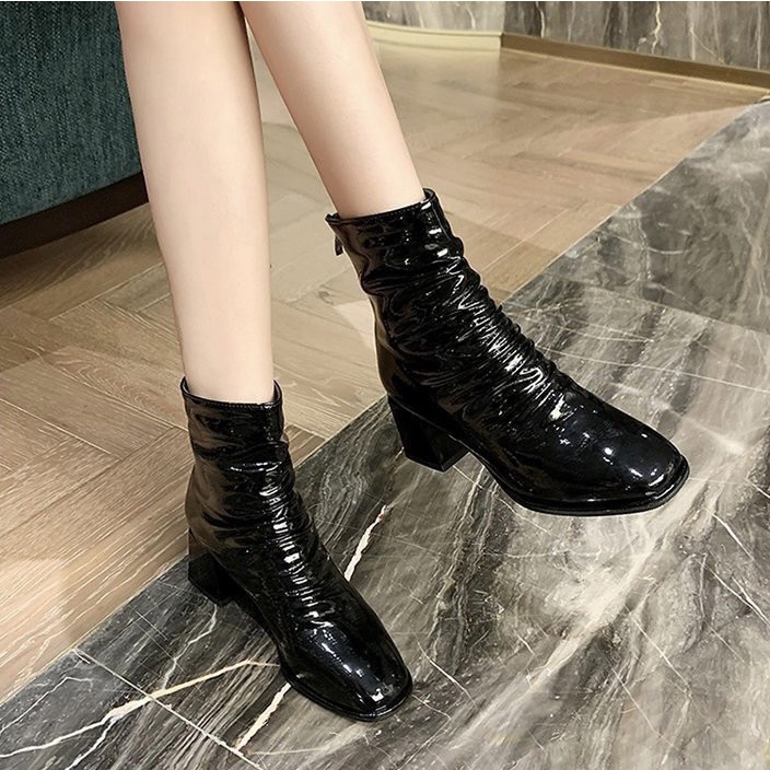 Giày Bốt Nữ Da Bóng Xi Nhún - Giày Boots Cổ Thấp Đế Vuông 7 Phân Dây Kéo Hậu Thời Trang Cao Cấp A127