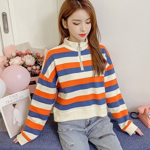 Áo len ZHELIHANGFEI tay dài cổ đứng họa tiết kẻ sọc thời trang dễ thương cho nữ