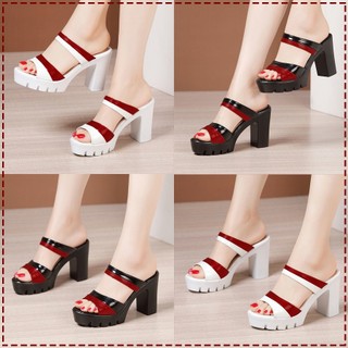 Dép sandal nữ gót vuông quai ngang phối màu xinh xắn - cg097