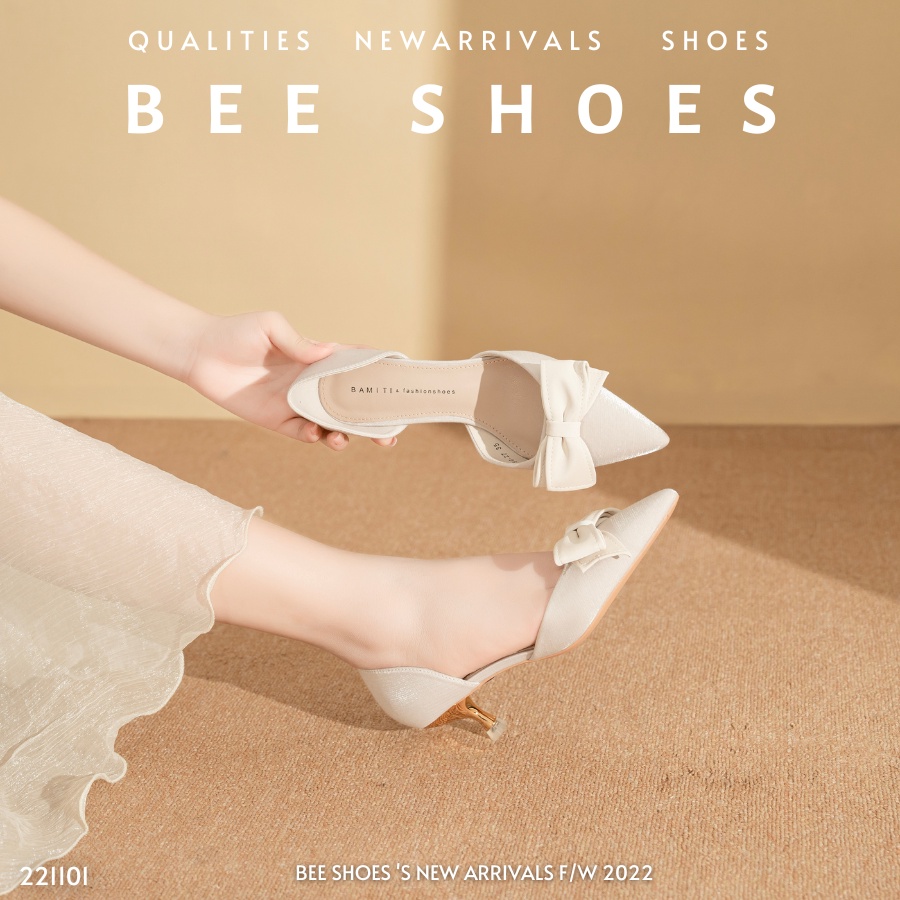 BEESHOES - GIÀY CAO GÓT NỮ MŨI NHỌN - GIÀY CAO GÓT NỮ GÓT NHỌN KHOÉT HÔNG CAO 5 PHÂN SẴN MÀU ĐEN KEM 221101