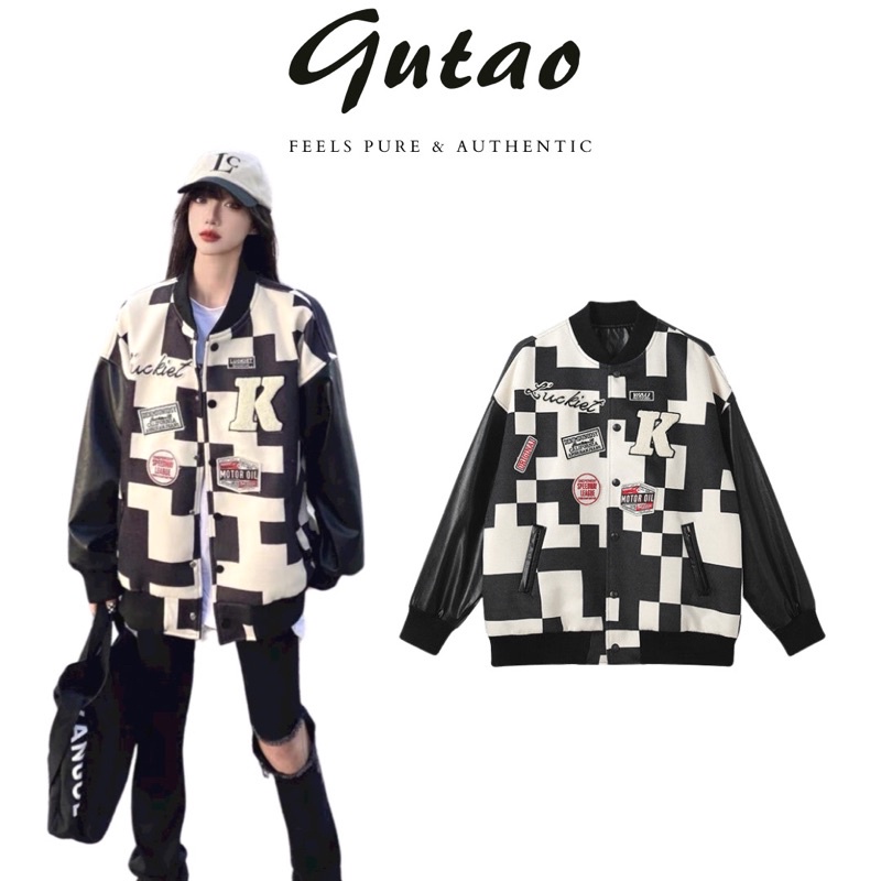Áo khoác bomber jacket varsity nam nữ màu trắng đen caro, tay phối da cao cấp 2 lớp - GUTAO