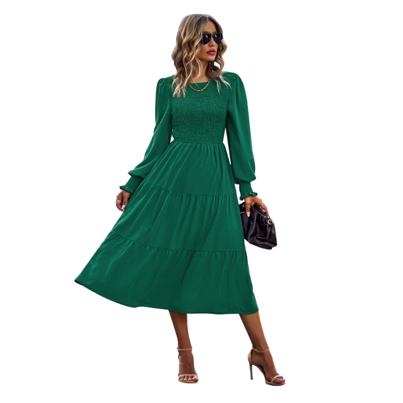 Xiangbao Đầm Midi Dáng Chữ A Xếp Ly Tay Phồng Dài Viền Bèo Nhún Eo Cao Thời Trang Mùa Thu Cho Nữ