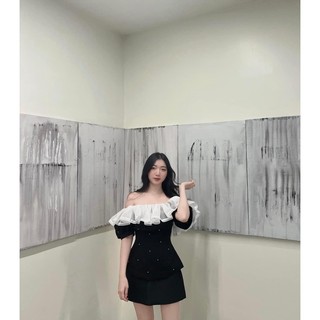 SET ÁO NHUNG ĐEN PHỐI BÈO + CHÂN VÁY ĐEN [kèm ảnh thật ]