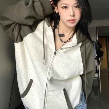 Áo khoác SUXI hoodie thể thao tay dài dáng rộng màu sắc tương phản có khóa kéo