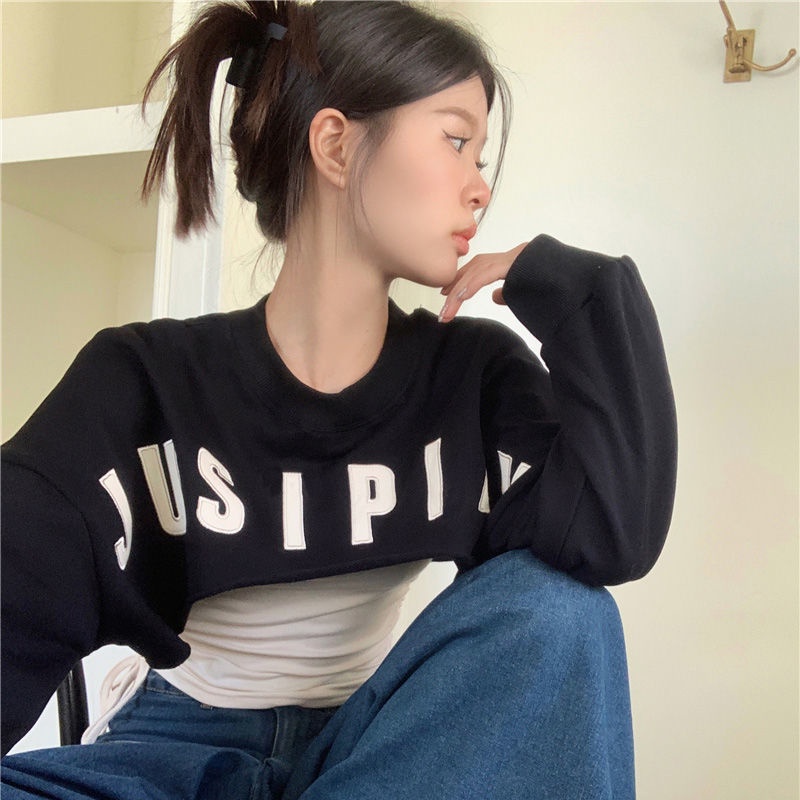 Áo Thun Tay Dài Giả Hai Mảnh + Quần Ngắn Lưng Cao Phong Cách Retro Mỹ Thời Trang Mùa Thu Dành Cho Nữ