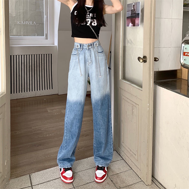 Quần jean SUXI ống dài rộng dáng suông lưng cao màu gradient kiểu Hàn Quốc thời trang mùa thu cho nữ