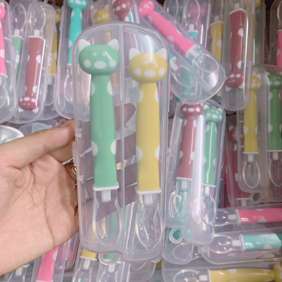 Thìa ăn dặm đầu silion mềm cán dài hình mặt mèo đáng yêu cho bé