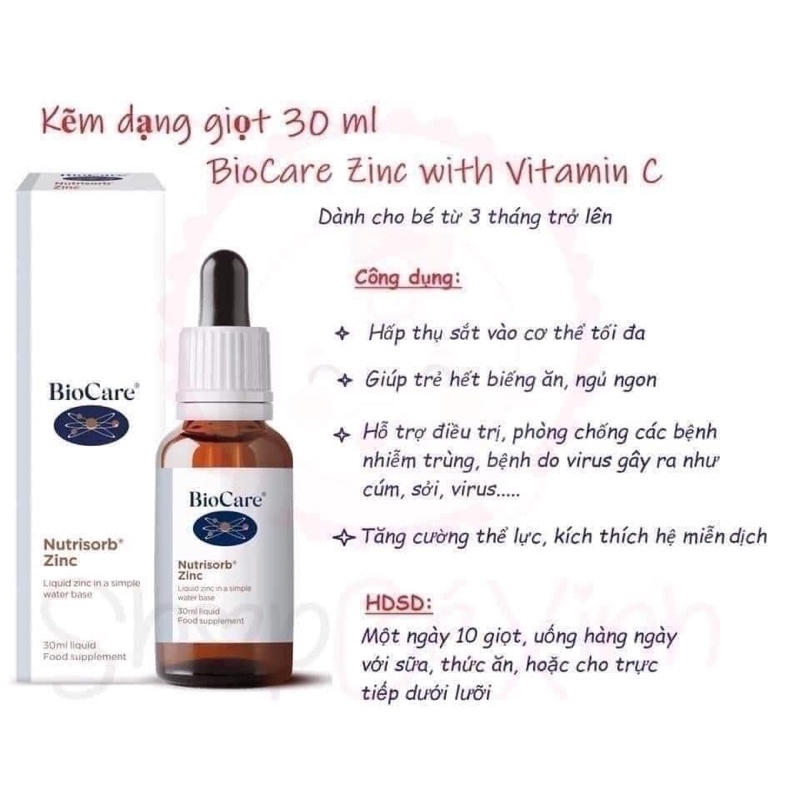 (2/24) Kẽm nước nhỏ giọt Liquid ZinC Biocare, 30ml, tăng đề kháng ( Kẽm nước)