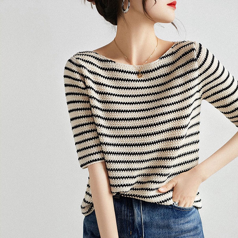 Áo Dệt Kim Tay Ngắn Dáng Ôm Họa Tiết Kẻ Sọc Màu Tương Phản Thời Trang Hàn Quốc Cho Nữ