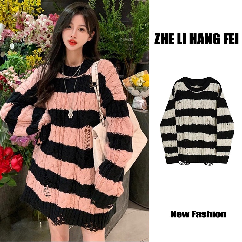 Áo sweater ZHELIHANGFEI tay dài dáng rộng họa tiết kẻ sọc hợp thời trang cho nữ