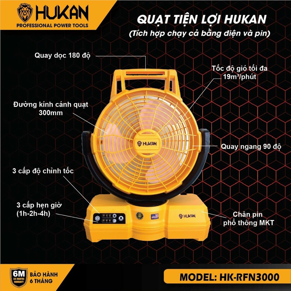 THÂN QUẠT KHÔNG PIN SẠC HUKAN HK - RFN3000 DÙNG CHÂN PIN PHỔ THÔNG