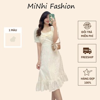 Đầm trắng kem dự tiệc, Đầm thiết kế màu trơn hoa văn Cao Cấp cổ vuông tay ngắn xoắn ngực - MiNhi Fashion