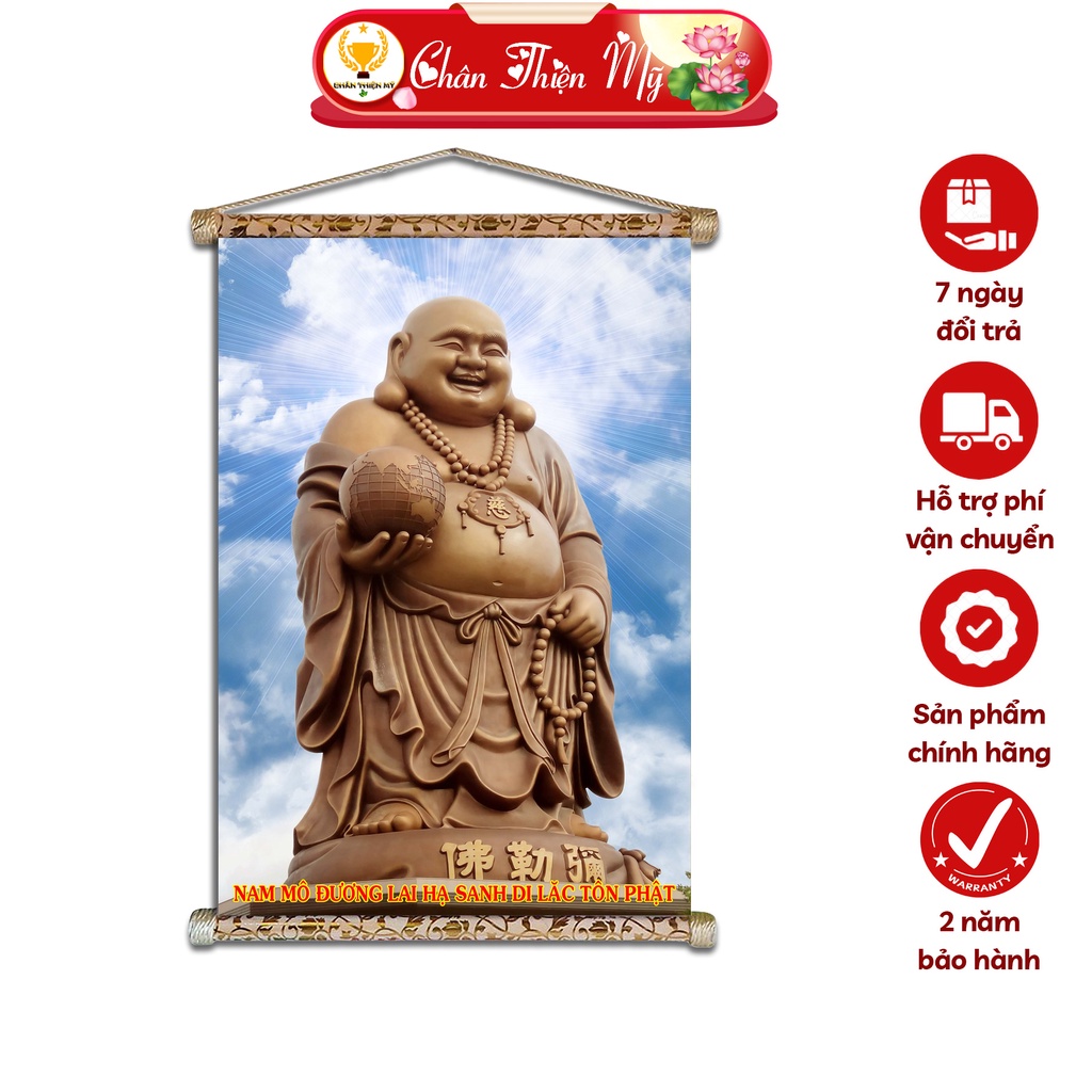 Tranh Phật Treo Tường Phật Di Lặc CHÂN THIỆN MỸ, Chất Liệu Vải Lụa Kim Sa Khung Gỗ 40x60cm DLTP-09