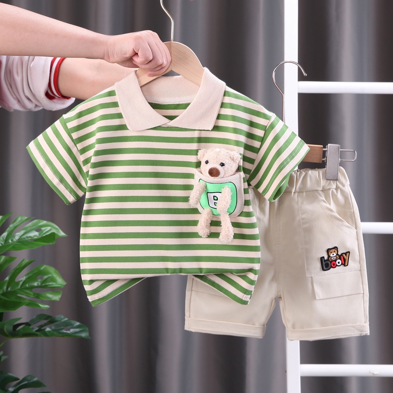 Set Đồ Mùa Hè 2 Món Gồm Áo Thun Cotton In Họa Tiết Gấu + Quần Ngắn Thời Trang Cho Bé Trai