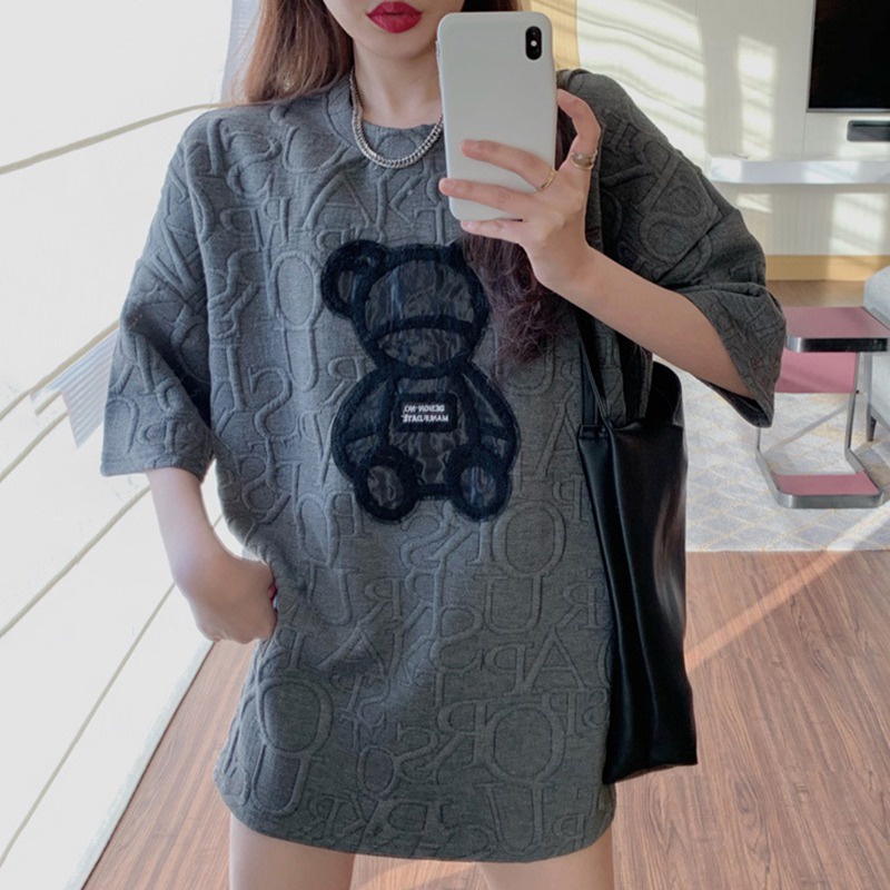 Áo Thun Tay Ngắn Cổ Tròn Thêu Hình Gấu Dễ Phối Đồ Thời Trang Cho Nữ
