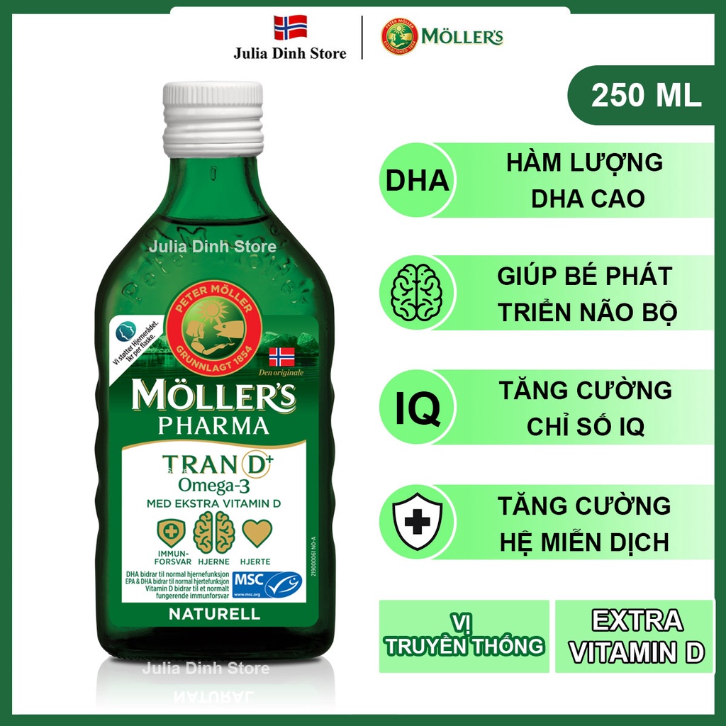 Dầu gan cá tuyết Omega 3 MOLLERS Pharma Tran D+ nội địa Na Uy (250ml) - Hương vị truyền thống