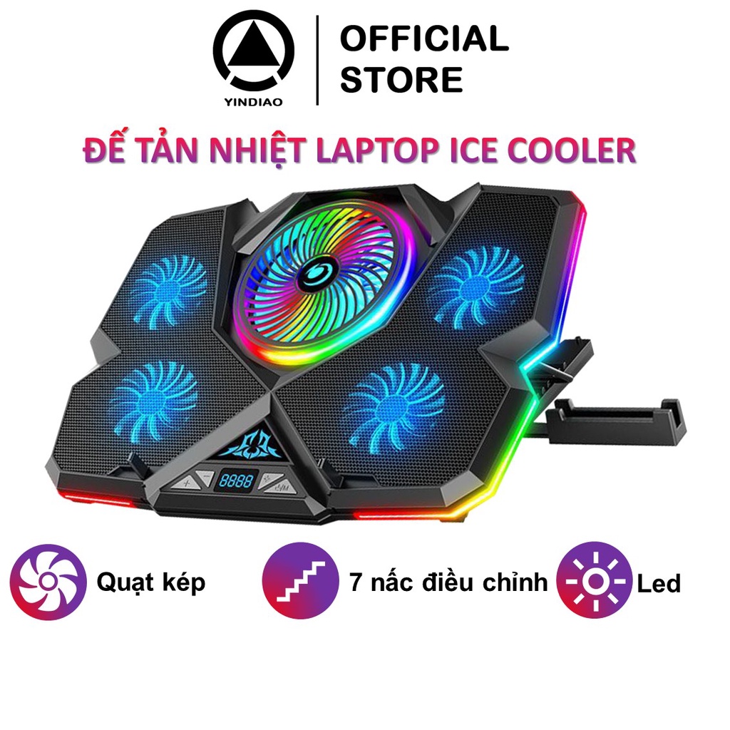 Đế tản nhiệt laptop YINDIAO ICE COOLER gaming 5 quạt lớn tương thích lên đến 17 inch làm mát nhanh led RGB