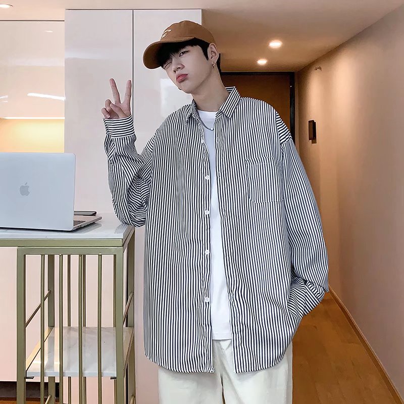 Áo Sơ Mi Dáng Rộng Họa Tiết Kẻ Sọc Phong Cách Hip Hop Đường Phố Hàn Quốc Thời Trang Cho Nam Và Nữ Size M-3XL