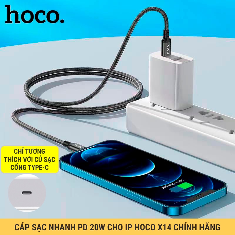 Cáp Sạc Nhanh 20W PD Cho IP8/8P, X/XsMax, 11/12/13/Pro/ProMax, Dây Sạc Hoco X14 Đầu Type-C, Nhanh, Siêu Bền
