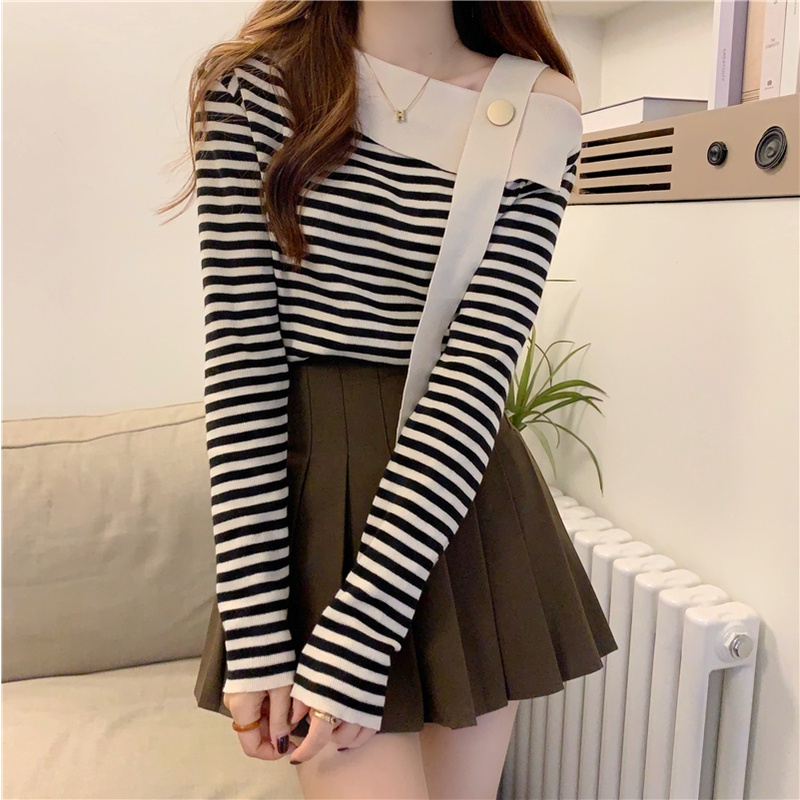 Áo Dệt Kim Tay Dài Hở Vai Họa Tiết Kẻ Sọc Thời Trang Thu Đông Hàn Quốc Mới Dành Cho Bạn Nữ