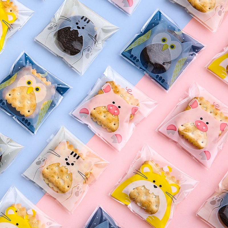 Set 100 túi kích thước 7x7 cm Túi đựng bánh cookie / bánh quy / trà hoa hoạ tiết hoạt hình đáng yêu Tiệm Ốc Sột-PK012