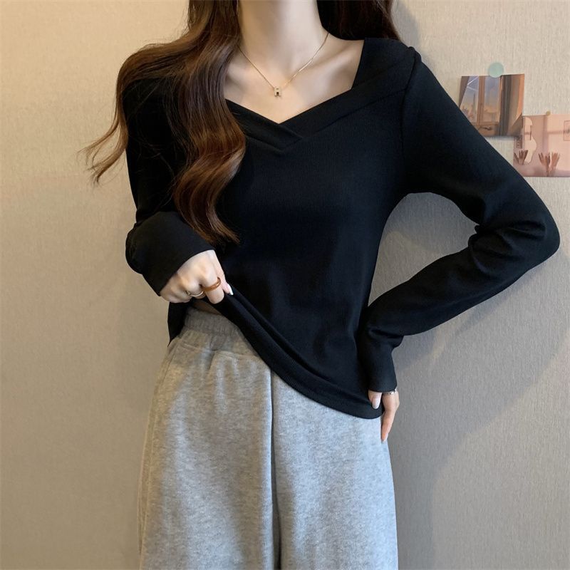 Áo Thun Tay Dài Cổ Vuông Lệch Vai Màu Trắng Thời Trang Mùa Thu Cho Nữ