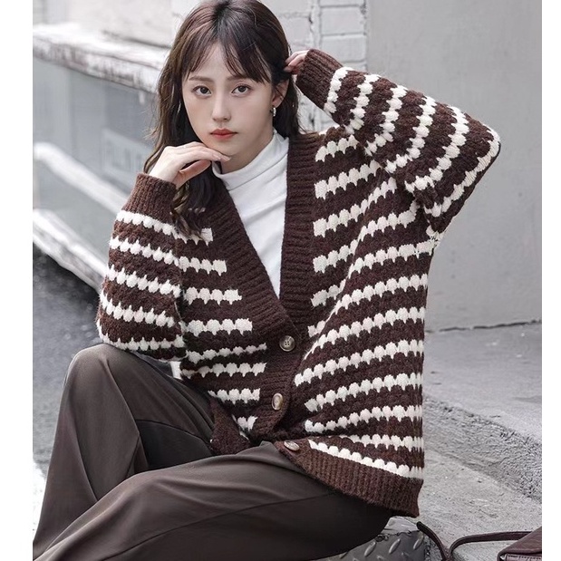 Áo khoác cardigan len kẻ ngang nữ form rộng dáng dài dày dặn bigsize phong cách Ulzzang Hàn Quốc trẻ trung
