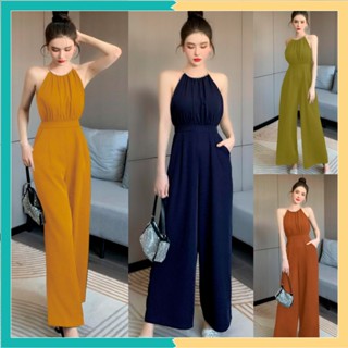 Jum dài ống suông cổ yếm phối xích dây kéo lưng xinh xắn jumpsuit dáng dài J1202