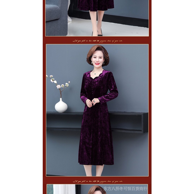 Đầm Nhung Vàng Phong Cách Thời Trang Xuân Thu Mới Cho Phụ Nữ Trung Niên