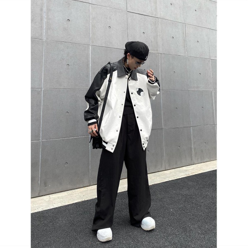 Áo khoác bóng chày iMaodou bằng da phối màu đen trắng phong cách đường phố Âu Mỹ cá tính
