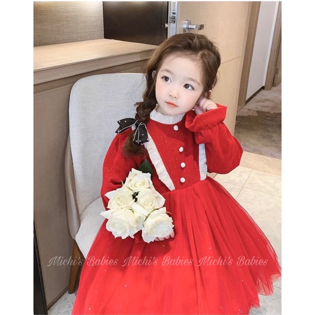 Váy nhung nhũ phối ren, ngọc siêu xinh cho bé, váy noel, váy tết cho bé