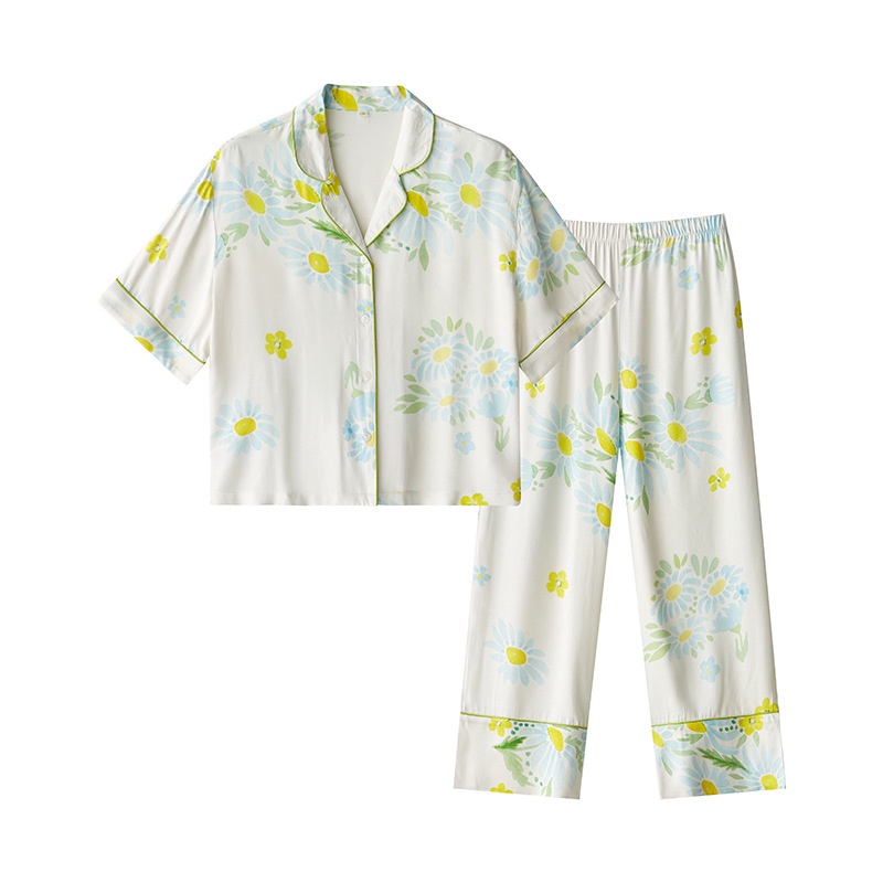Pyjama Lụa Họa Tiết Sunflower Tay Ngắn