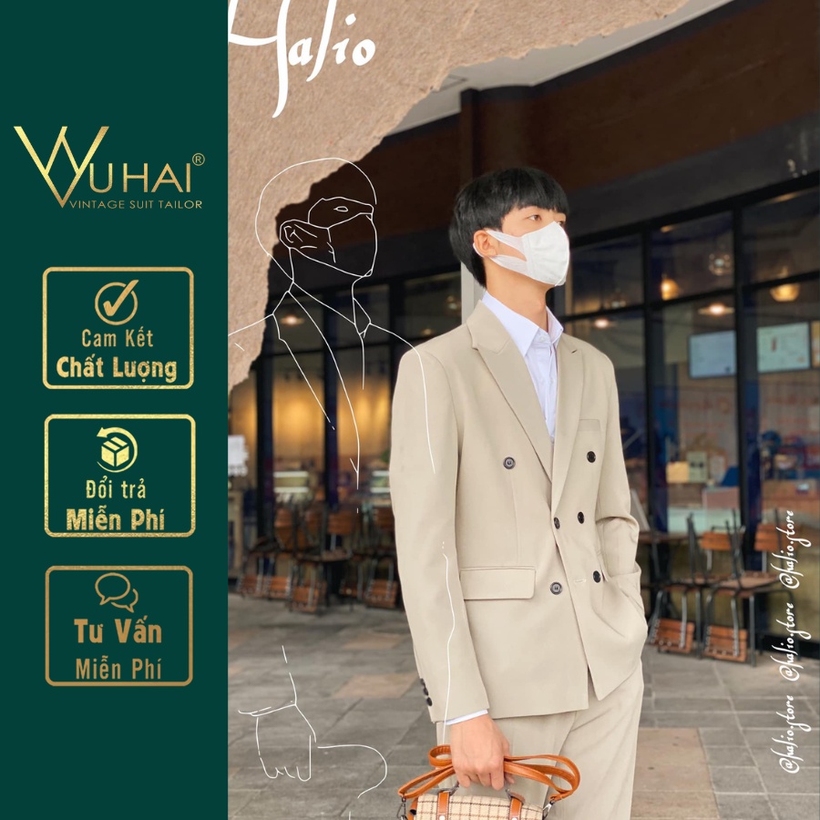 Bộ Vest Nam cao cấp from dáng 6 cúc màu kem Hàn Quốc-VuHai