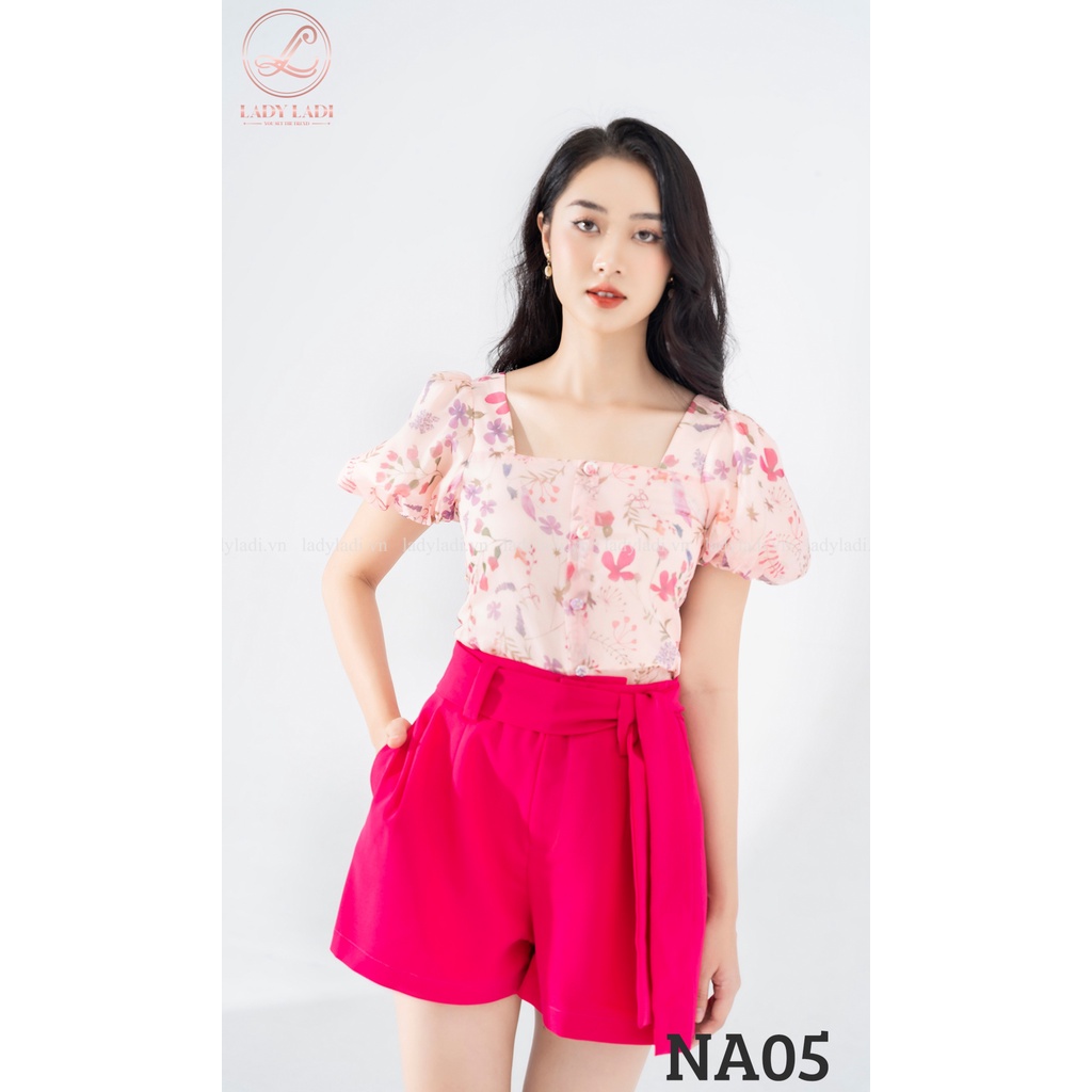 Áo hoa nhí tay bồng cổ vuông LADI màu hồng sáng da chất tơ bay nhẹ nhàng NA05