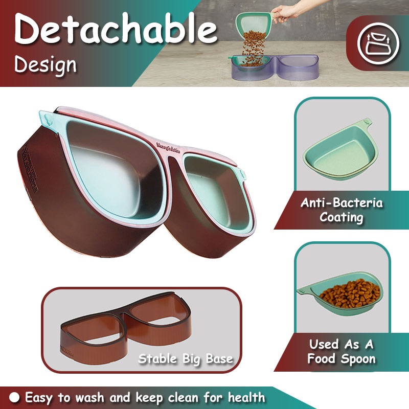 HamshMoc Bát Đôi 3 Trong 1 Dành Cho Thú Cưng # 15° Tô Đựng Thức Ăn Nước Uống Chống Tràn Dành Cho Mèo Cưng